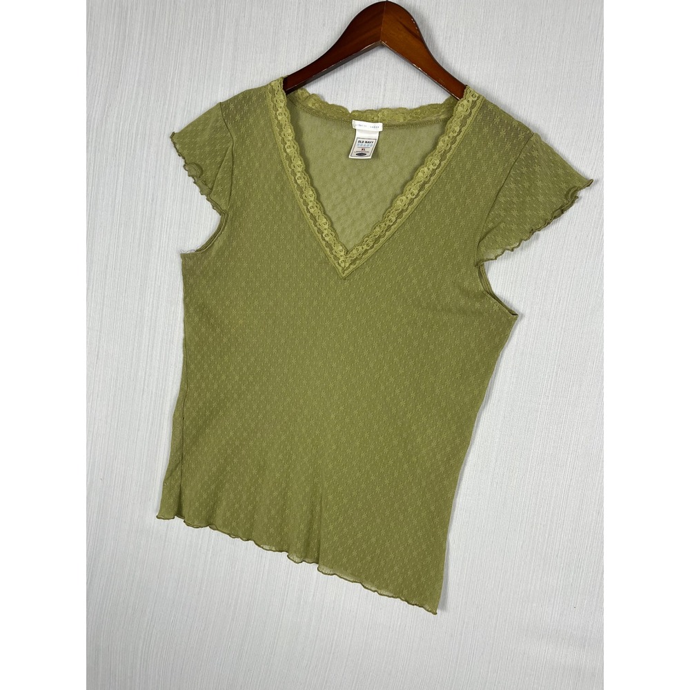 Old Navy Mesh Top Women XL Green V-Neck Sheer Lace Trim Y2K Fairy Coquette